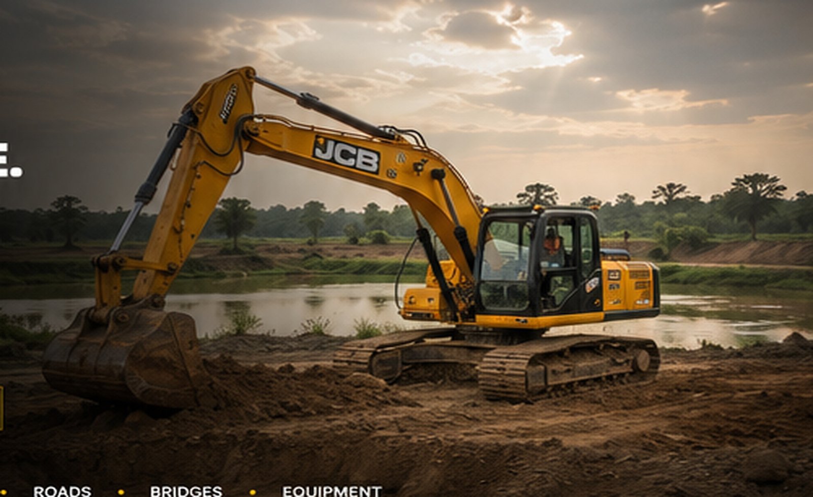 Excavator carrying out earthwork near a waterbody